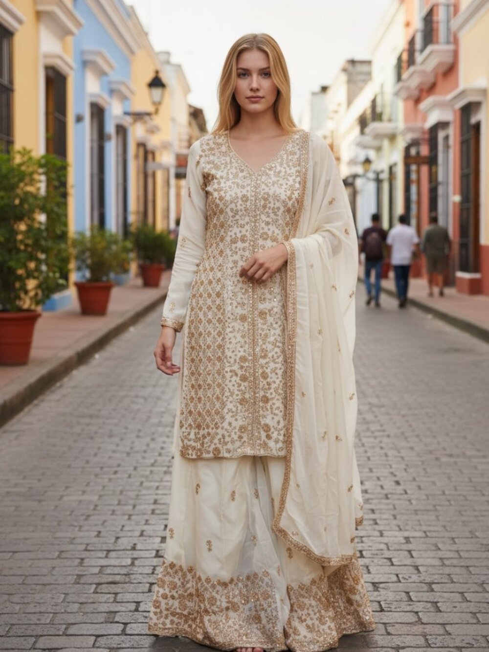 Heavy Work Russian Plazo Dress, Cultural Wear for Women